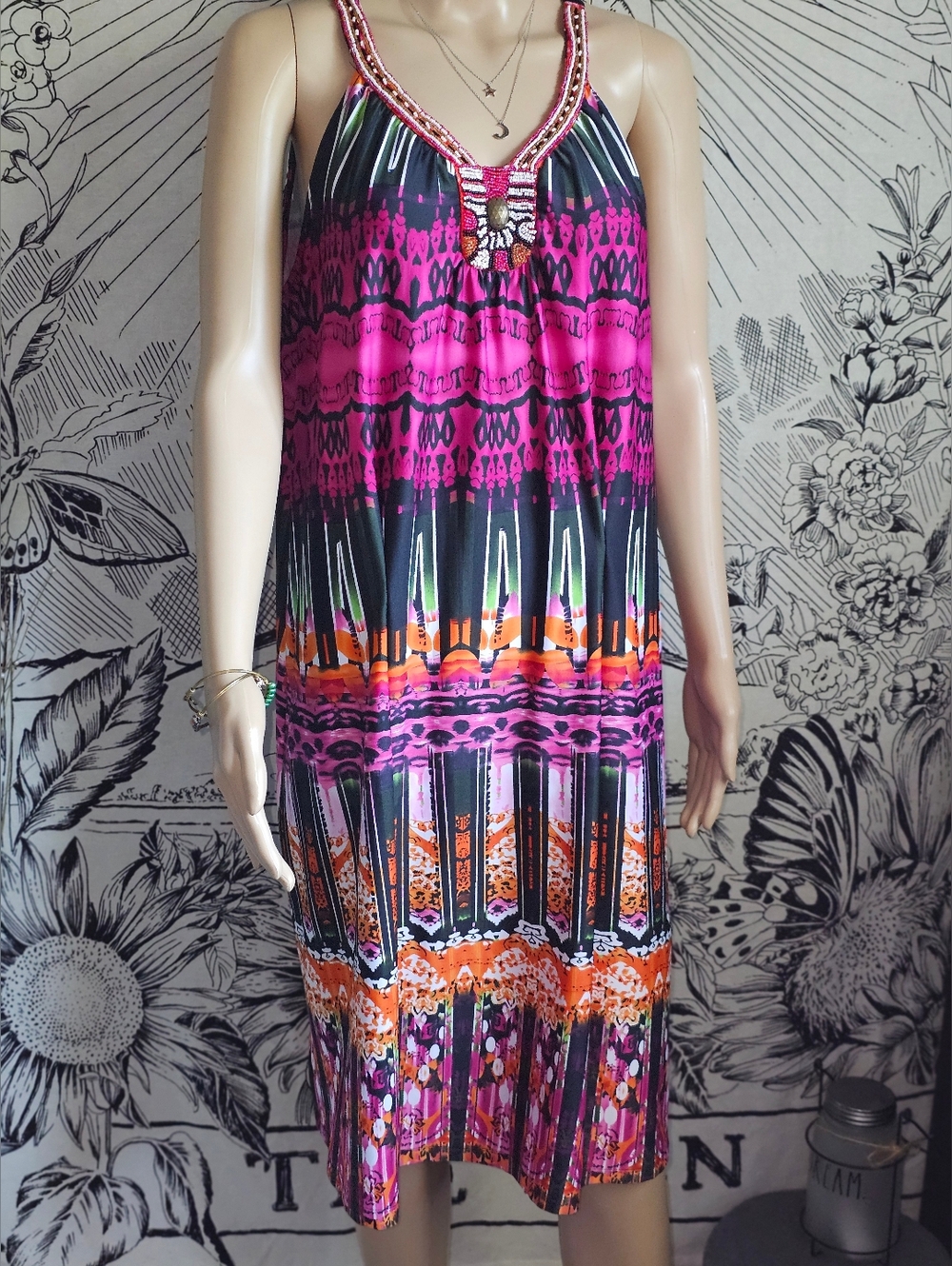 John Paul Richards XL Vibrant Pink & Orange Patterned Sleeveless Maxi Dress